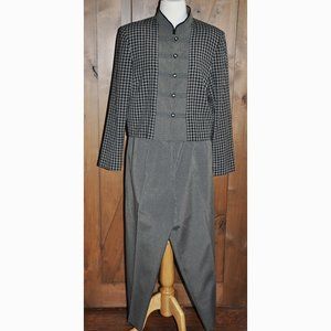 Halmode Petites Mandarin Collar Black, Gray & Cream Button Down 2 Pc Pant Suit
